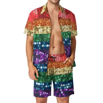Костюм из 2 предметов с блестками, Флаг гордости, Винтажный мужской пляжный костюм, забавный шоппинг, Размер США