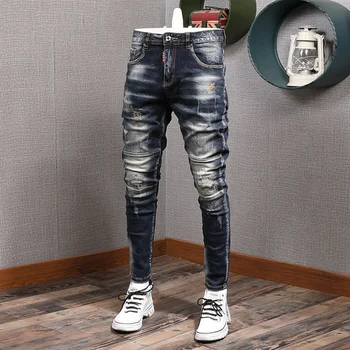 Модная Уличная одежда Мужские джинсы в стиле Ретро, черные, Синие Эластичные облегающие Рваные джинсы, Мужские джинсовые брюки с дизайнерской вышивкой в стиле хип-хоп