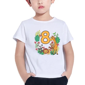 Милые дикие животные и красивые цветы, Детская футболка с номером Дня Рождения от 1 до 9 лет, Кавайная Одежда Со Львом и Пандой, футболка для мальчиков и девочек