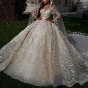 Великолепное Бальное платье С блестящими пайетками, Свадебное платье в стиле Милой Девушки 2023, Иллюзионные Платья Невесты с Длинными рукавами, Саудовское Арабское Платье Vestidos De Noiva